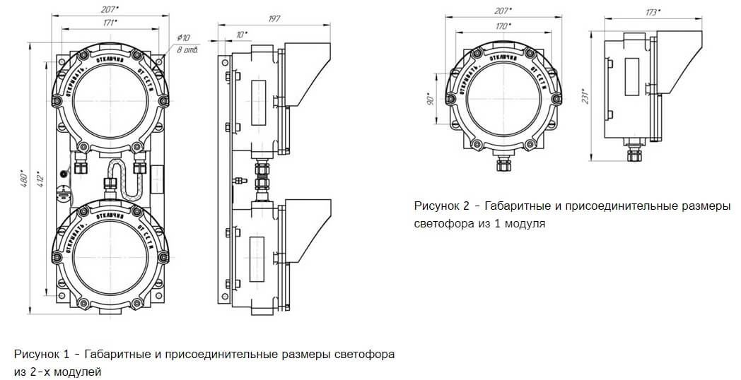 Рисунок 1 - Габаритные и присоединительные размеры светофора из 2-х модулей